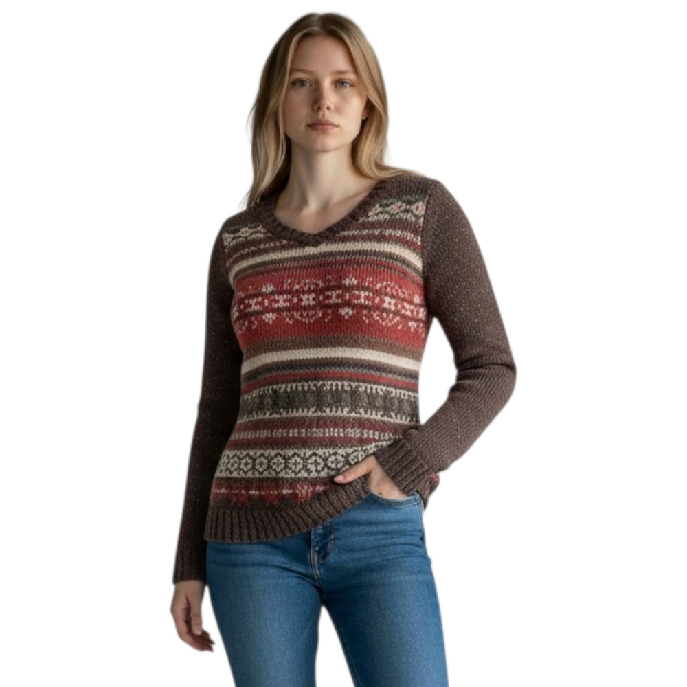 Vintage Fair Isle V-Neck Sweater with Red and Brown Patterns